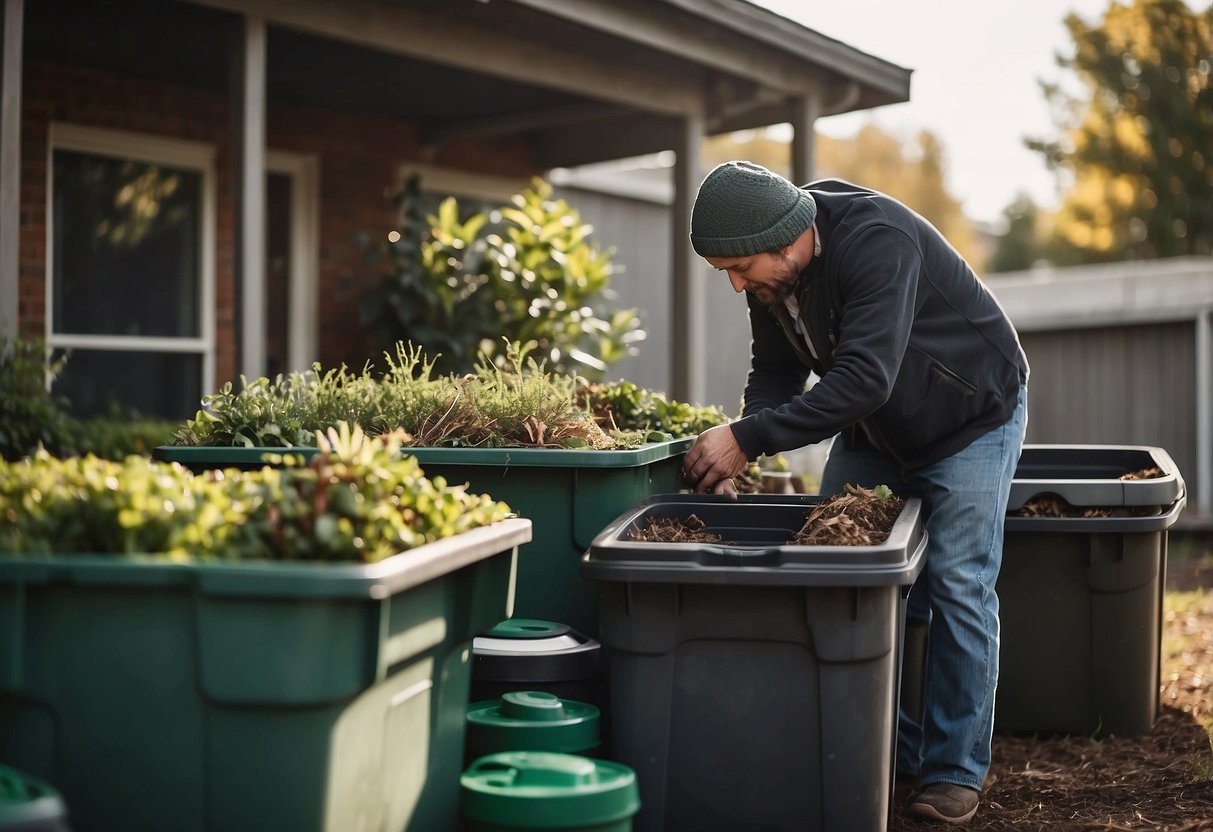 A photographer sorts recyclable materials into separate bins while shooting outdoor scenes. A compost bin is nearby, and reusable equipment is being used