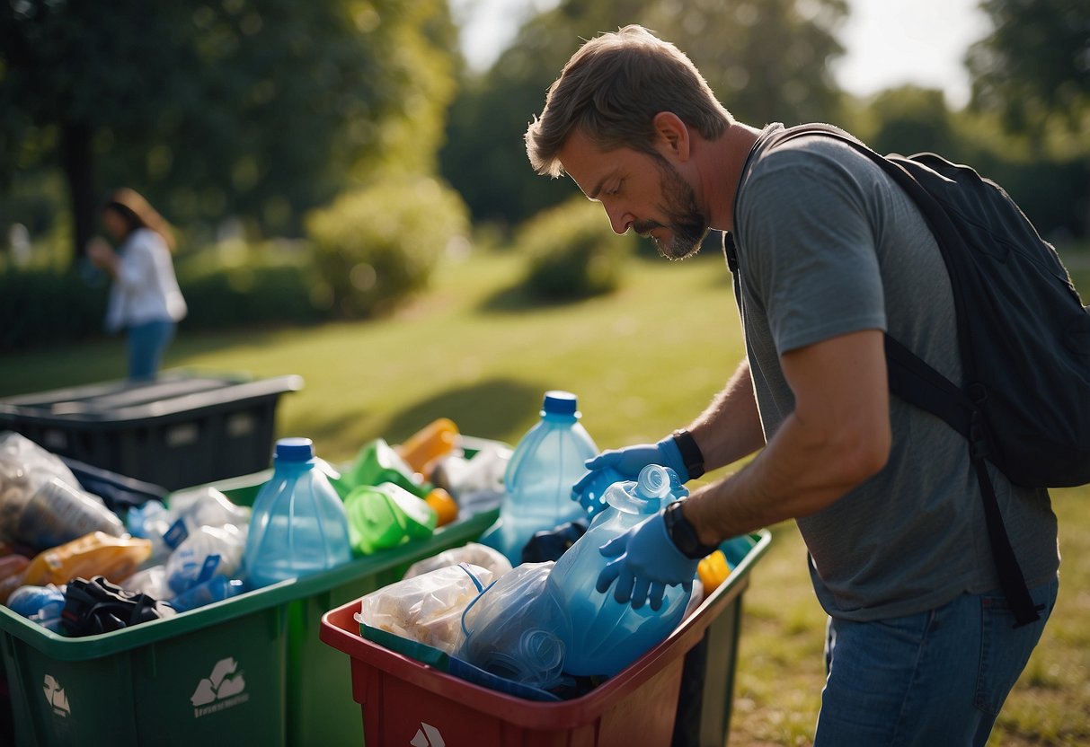 A photographer sorting recyclables into designated bins while shooting outdoors. A reusable water bottle and biodegradable packaging visible nearby