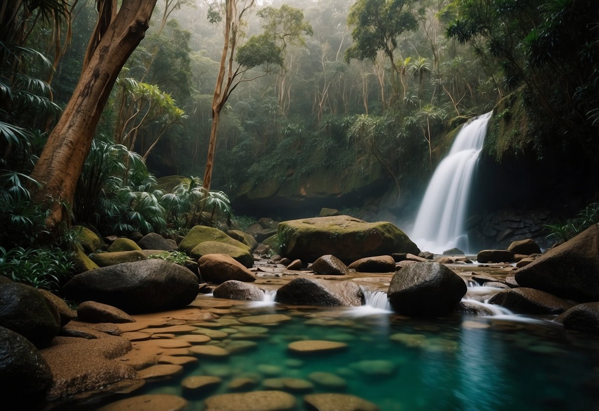 Lush rainforest, cascading waterfalls, and vibrant wildlife in Australia's Daintree Rainforest. Rocky coastline and turquoise waters at Great Barrier Reef. Sunsets over Uluru and the outback. Bushland and wildlife in Tasmania's Cr