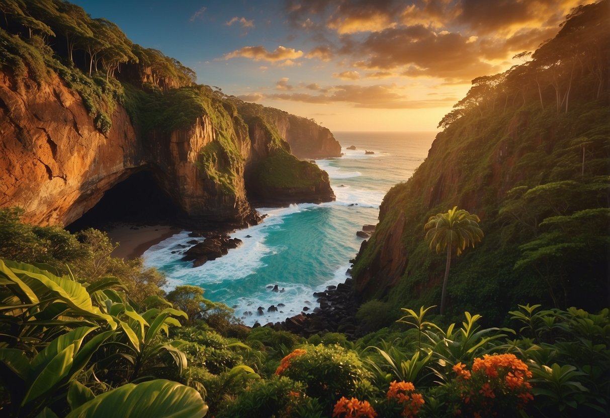 Lush rainforest with vibrant flora, cascading waterfalls, and diverse wildlife. Golden sunset over rugged coastline with dramatic cliffs and crashing waves. Rich red desert landscapes dotted with unique rock formations and ancient Aboriginal sites