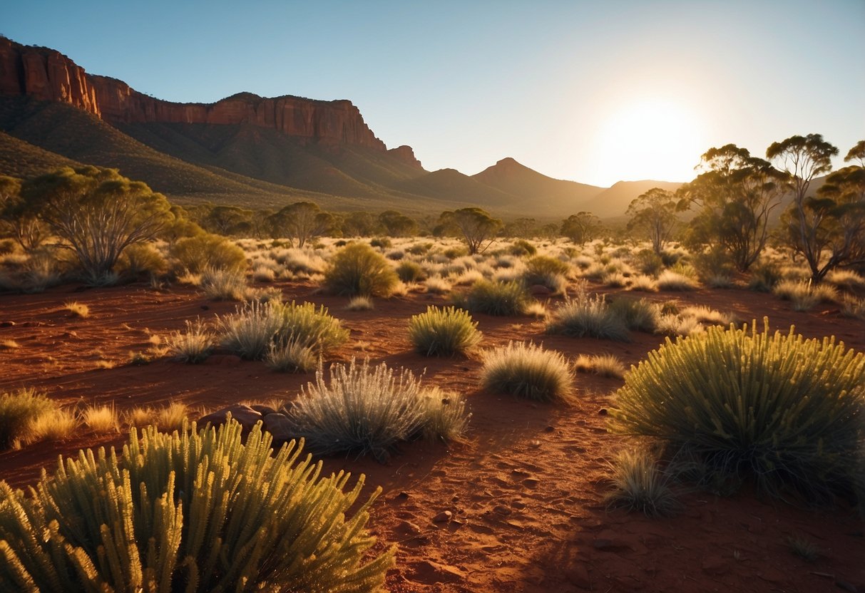 Vast Australian outback with red earth, rugged mountains, and lush greenery. A clear blue sky and golden sunlight illuminate the diverse landscapes