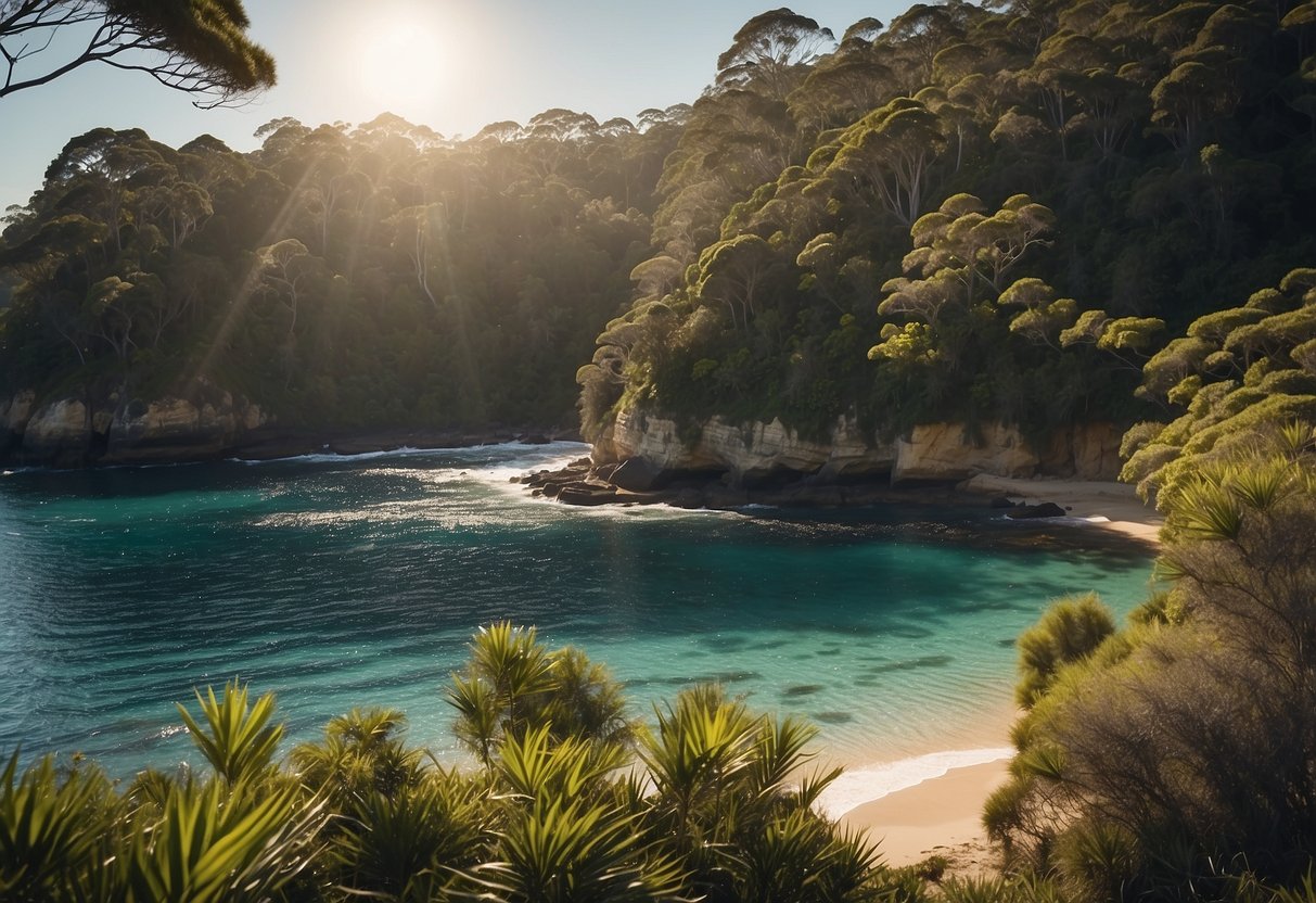 A serene landscape with diverse flora and fauna, showcasing the delicate balance of nature. The scene includes lush forests, pristine beaches, and vibrant wildlife in Australia's top nature photography destinations