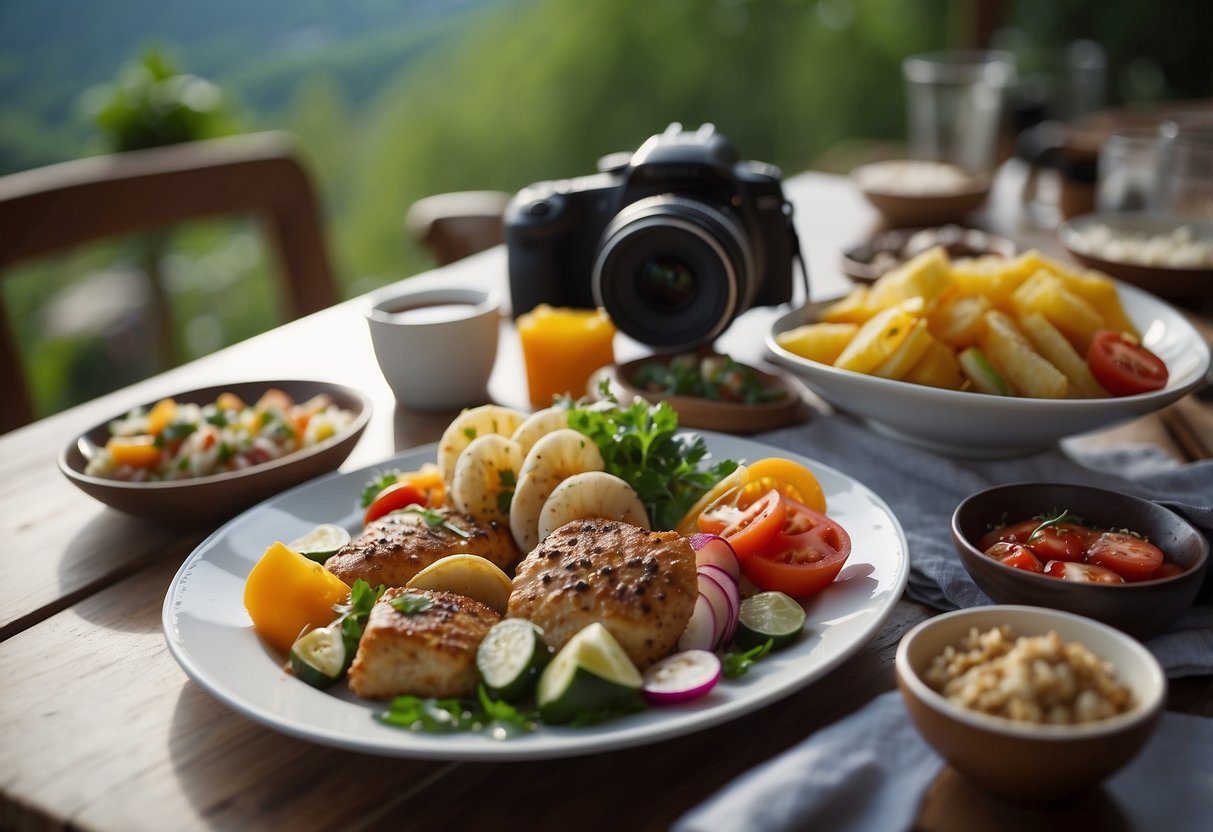 A table set with a variety of colorful and appetizing dishes, surrounded by camera equipment and outdoor scenery