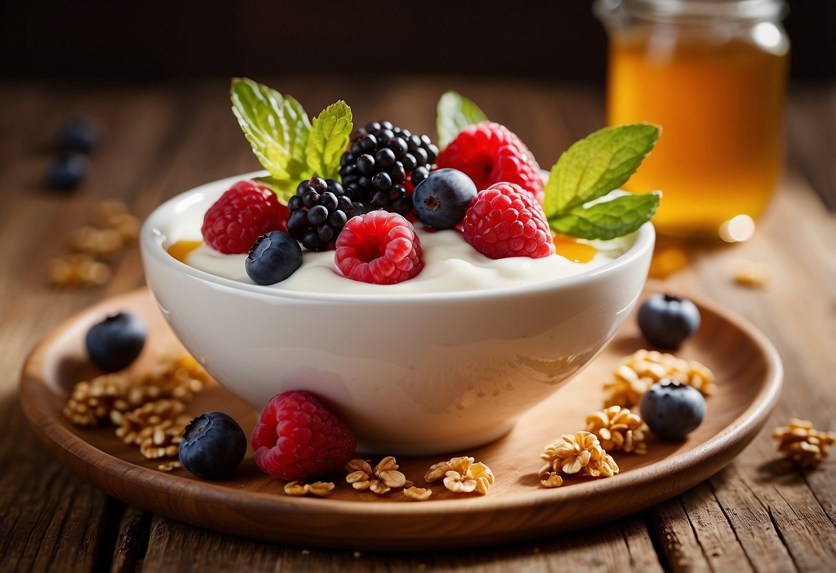 A small bowl of Greek yogurt drizzled with honey sits on a rustic wooden table, surrounded by fresh berries and a sprinkle of granola. The soft morning light casts a warm glow on the creamy yogurt