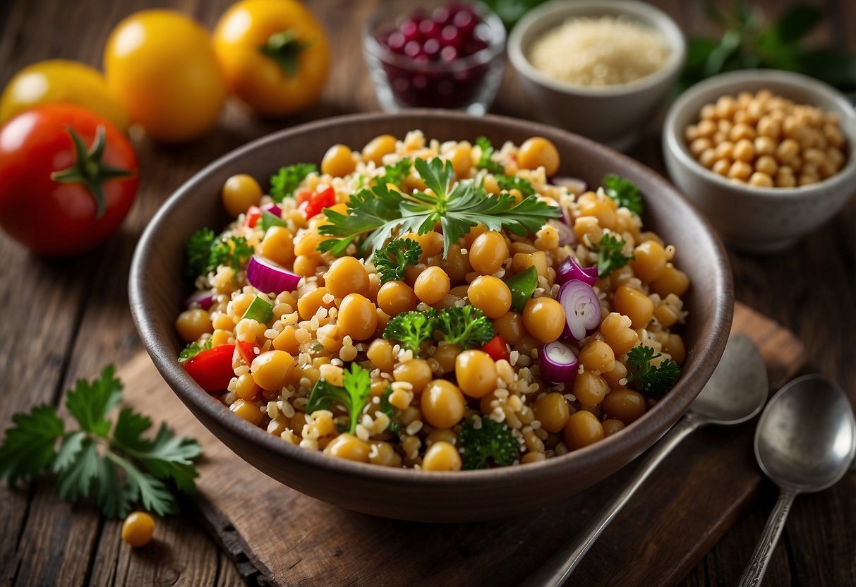 A colorful quinoa salad with chickpeas sits on a rustic wooden table surrounded by fresh ingredients and a camera, ready for a photography session