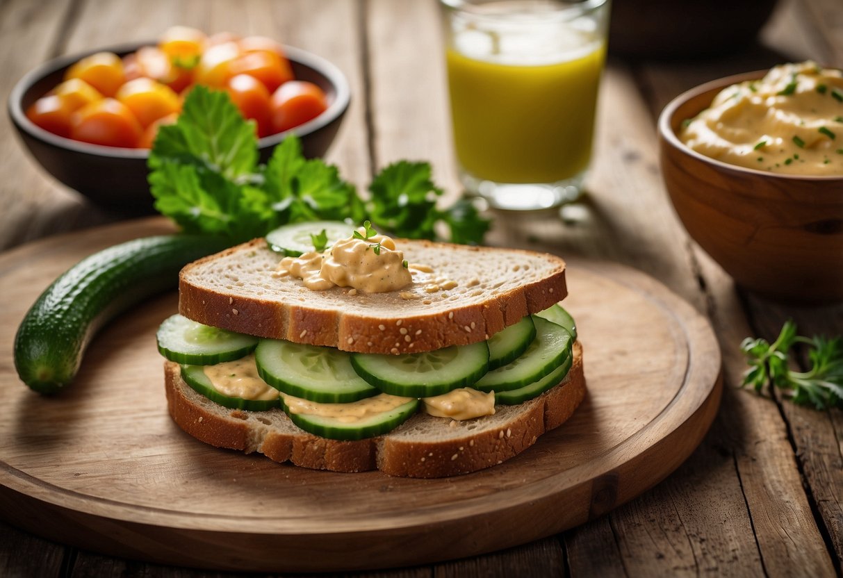 A cucumber and hummus sandwich sits on a rustic wooden table, surrounded by fresh ingredients and a camera ready to capture the lightweight and nutritious meal