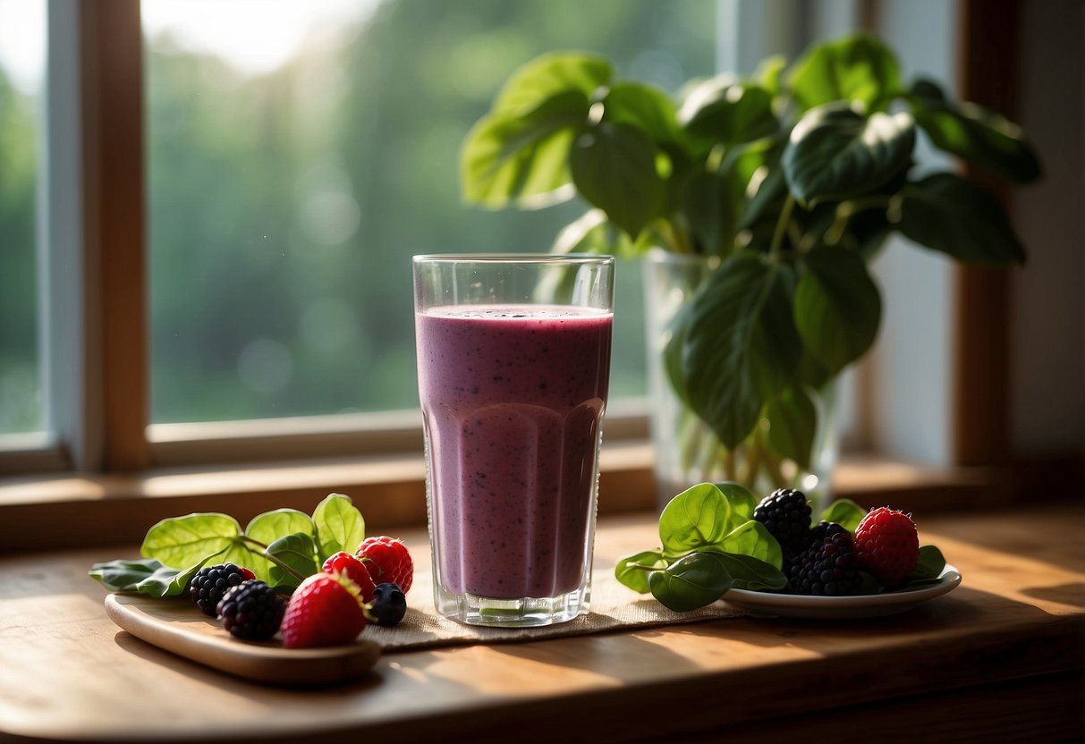 A glass of mixed berry and spinach smoothie sits on a wooden table, surrounded by fresh berries and green spinach leaves. Sunlight streams in from a nearby window, casting a warm glow over the scene