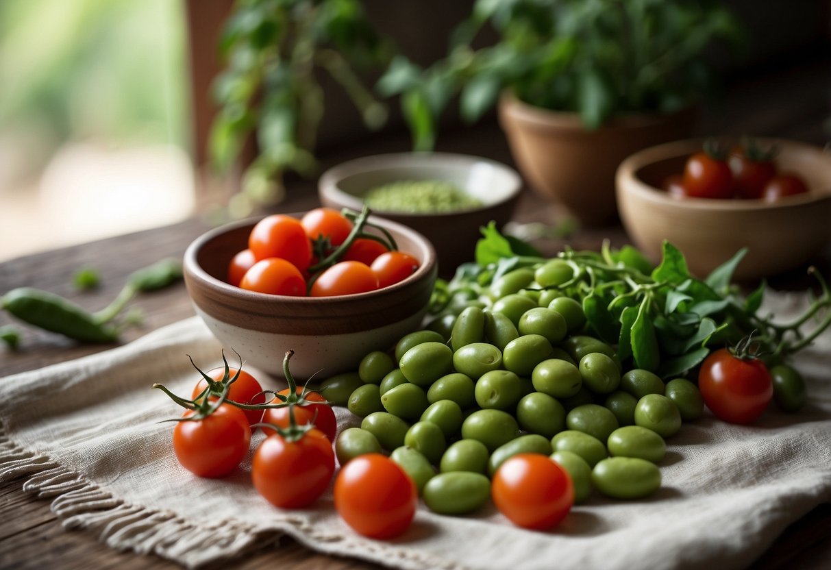 A rustic wooden table with a white linen cloth, scattered with a bowl of edamame and a pile of cherry tomatoes, surrounded by natural light and greenery