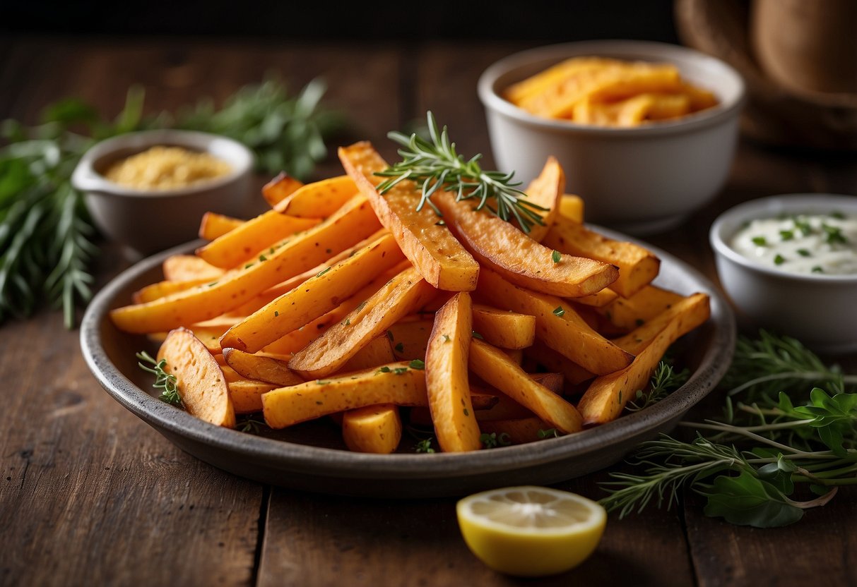 A tray of golden sweet potato fries surrounded by fresh herbs and seasonings, set against a rustic backdrop with natural lighting