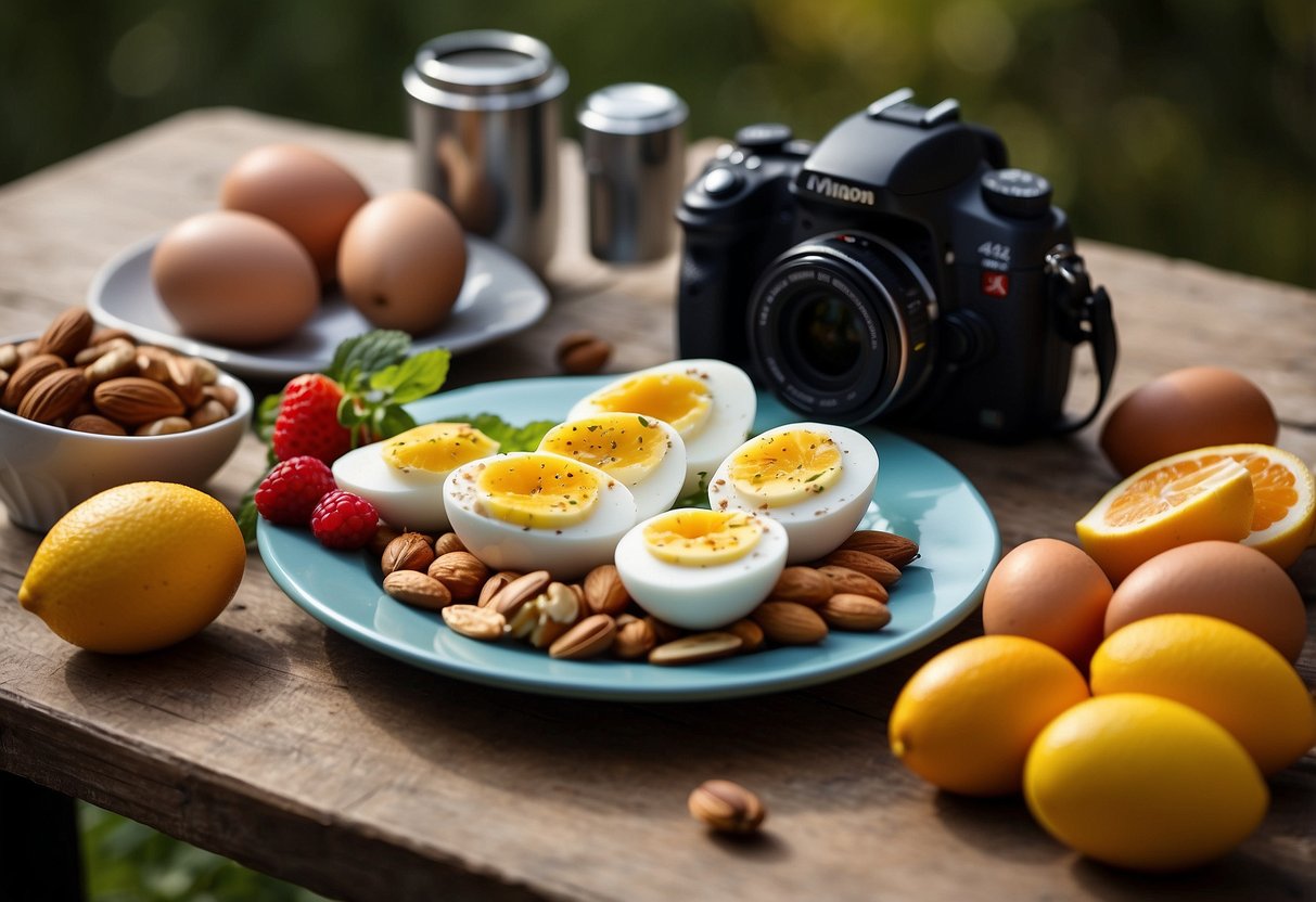 A table set with a colorful array of hard-boiled eggs, fruits, and nuts, surrounded by photography equipment and a scenic backdrop