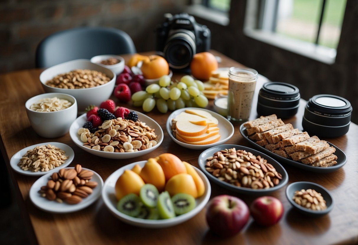 A table set with a variety of lightweight and nutritious meal options, such as fruits, nuts, granola bars, and sandwiches, laid out next to a camera and photography equipment