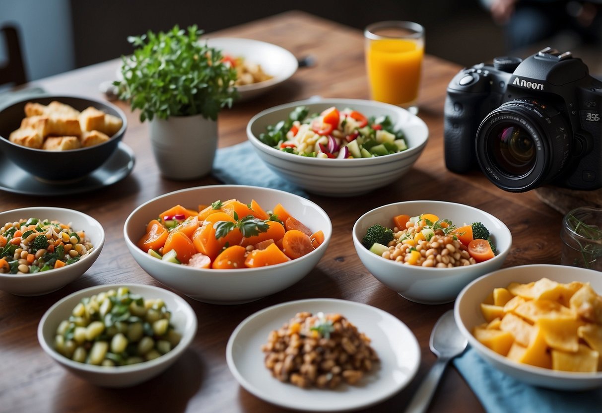 A table set with a variety of colorful and neatly arranged lightweight and nutritious meals, surrounded by photography equipment and a map for a photography trip