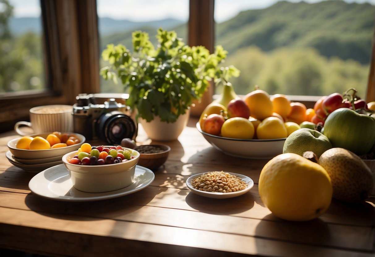 A table set with colorful fruits, vegetables, and grains, surrounded by camera equipment and a map. Sunlight streams through a nearby window, casting soft shadows on the scene