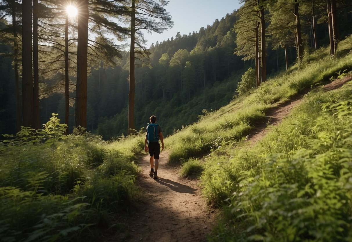 A winding trail through lush green forest, with a clear blue sky overhead. A hiker's backpack sits on the ground next to a water bottle and healthy snacks. Birdsong fills the air