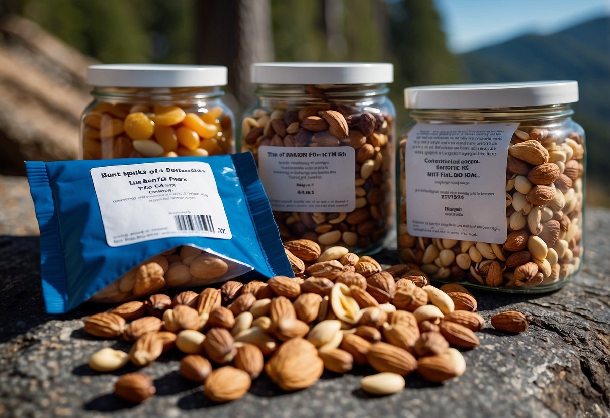 A colorful assortment of nuts, seeds, and dried fruits spills out of a sturdy ziplock bag onto a rocky trail, surrounded by towering trees and a clear blue sky