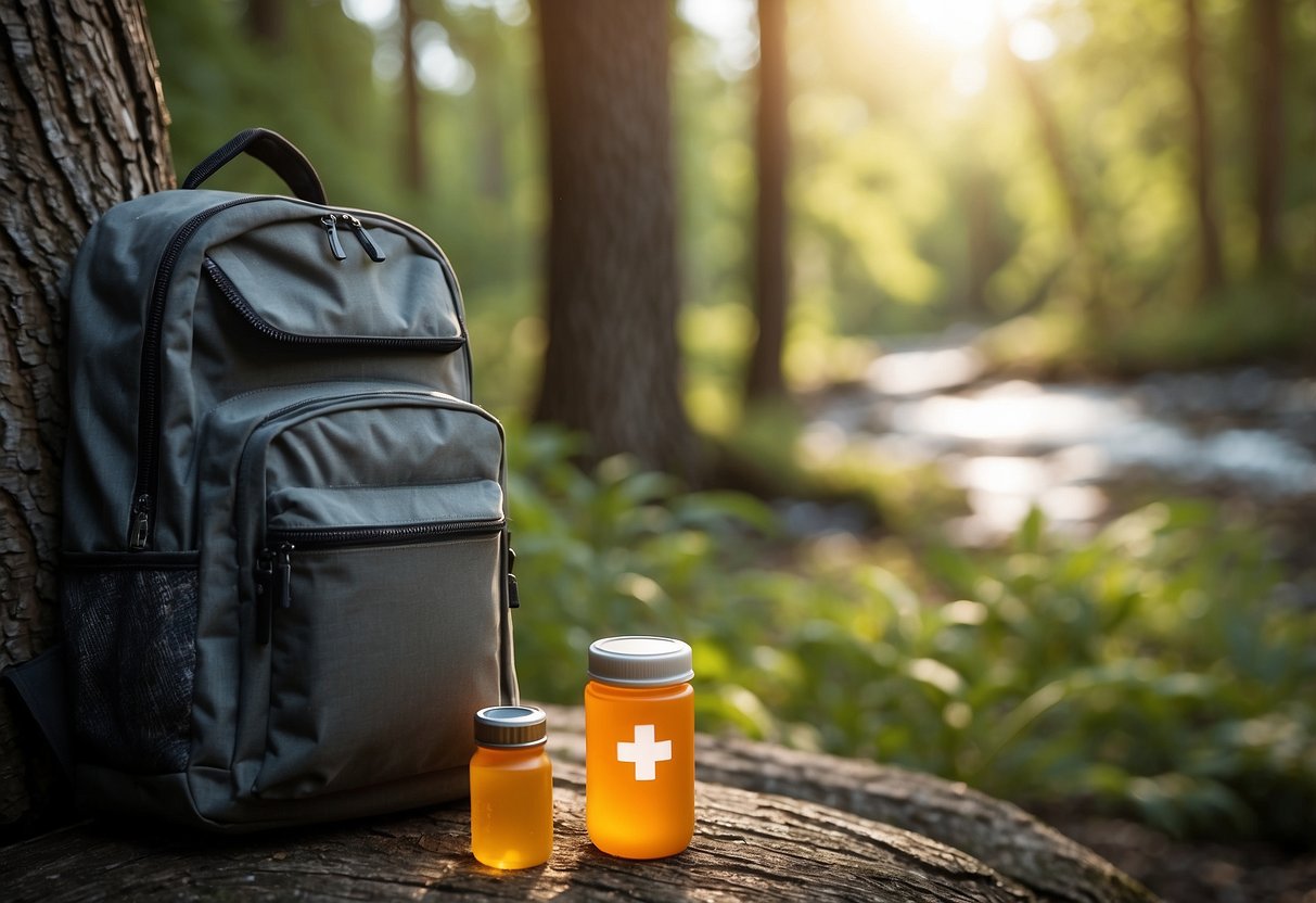 A backpack with a portable first aid kit rests against a tree. Nearby, a trail winds through the woods. A water bottle and healthy snacks sit next to the kit