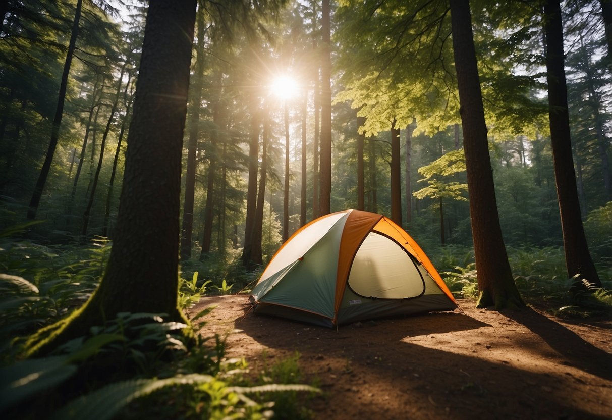 A colorful lightweight tent sits nestled among tall trees, with a trail winding through the lush green forest. The sun shines down, casting dappled shadows on the ground