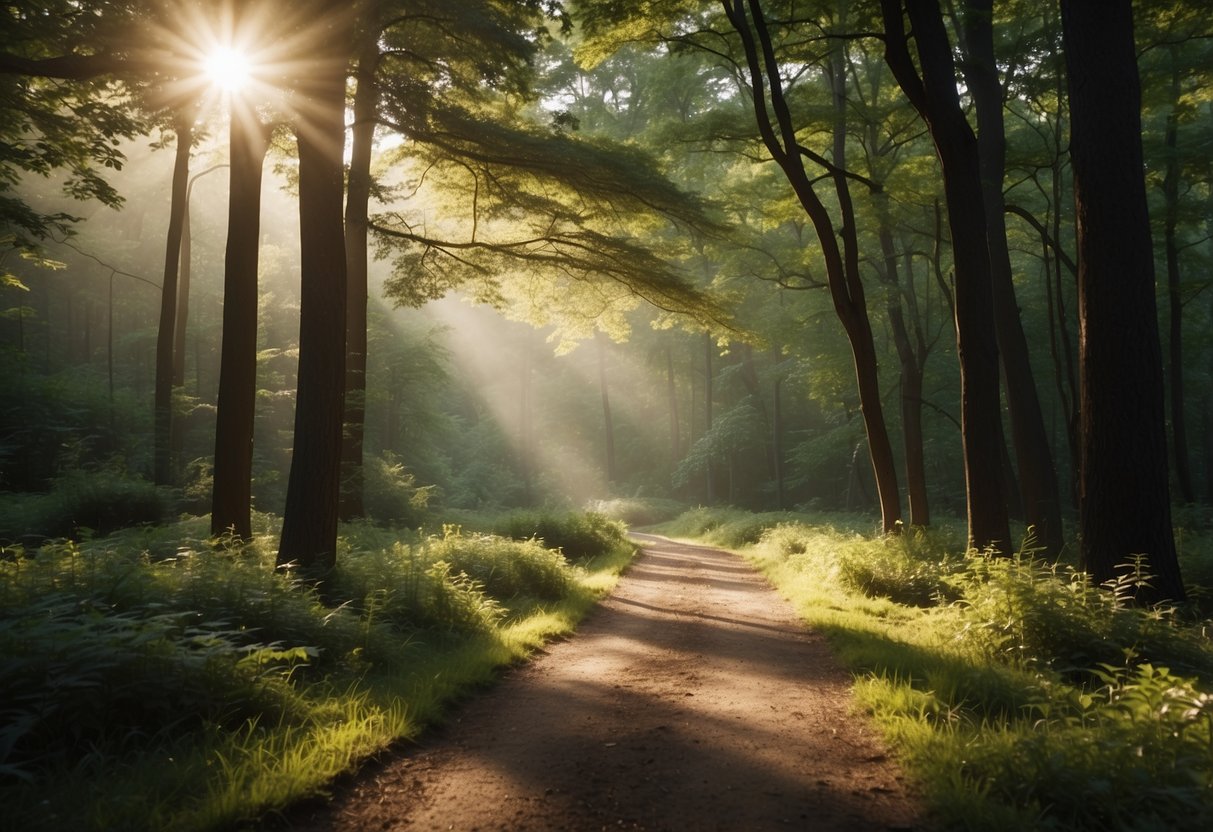 A serene forest trail with sunlight filtering through the trees, a clear path leading into the distance, and a peaceful atmosphere