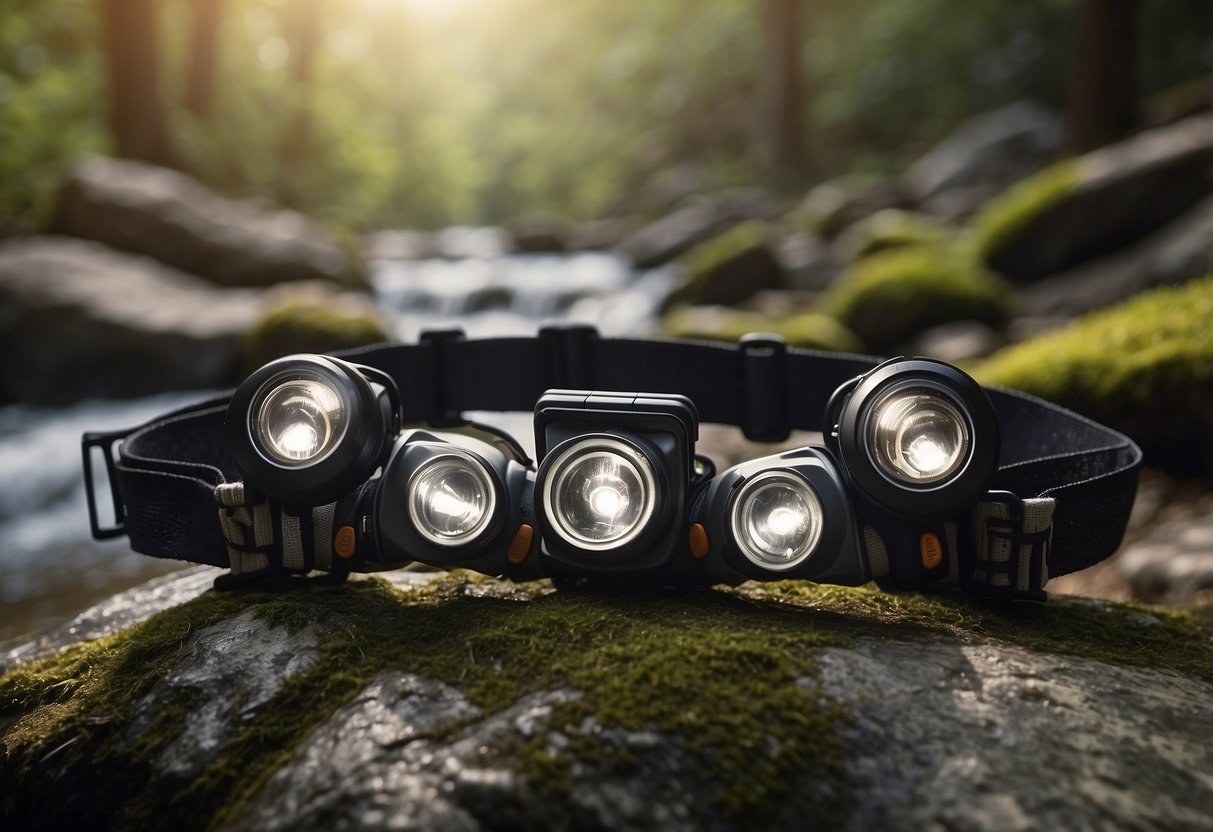 A group of 5 lightweight headlamps arranged on a natural background, with trees, rocks, and a flowing stream, ideal for nature photography