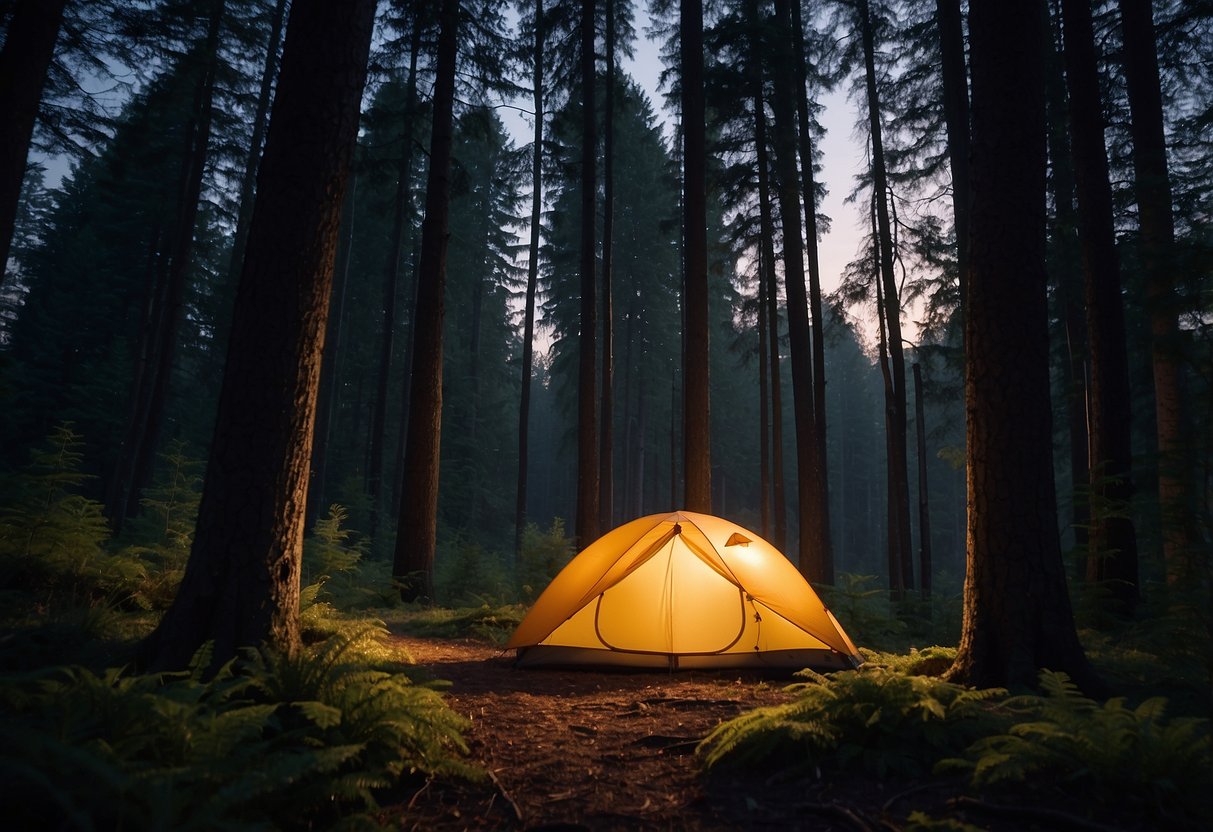 A forest clearing at dusk, with a lone tent glowing from within. The surrounding trees are bathed in a soft, warm light from the Petzl Actik Core headlamp