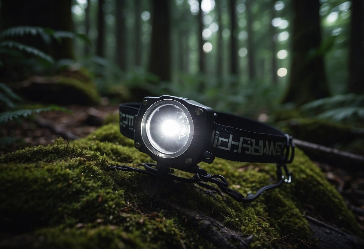 A headlamp shining on a tree in a dark forest, with adjustable straps and a compact design