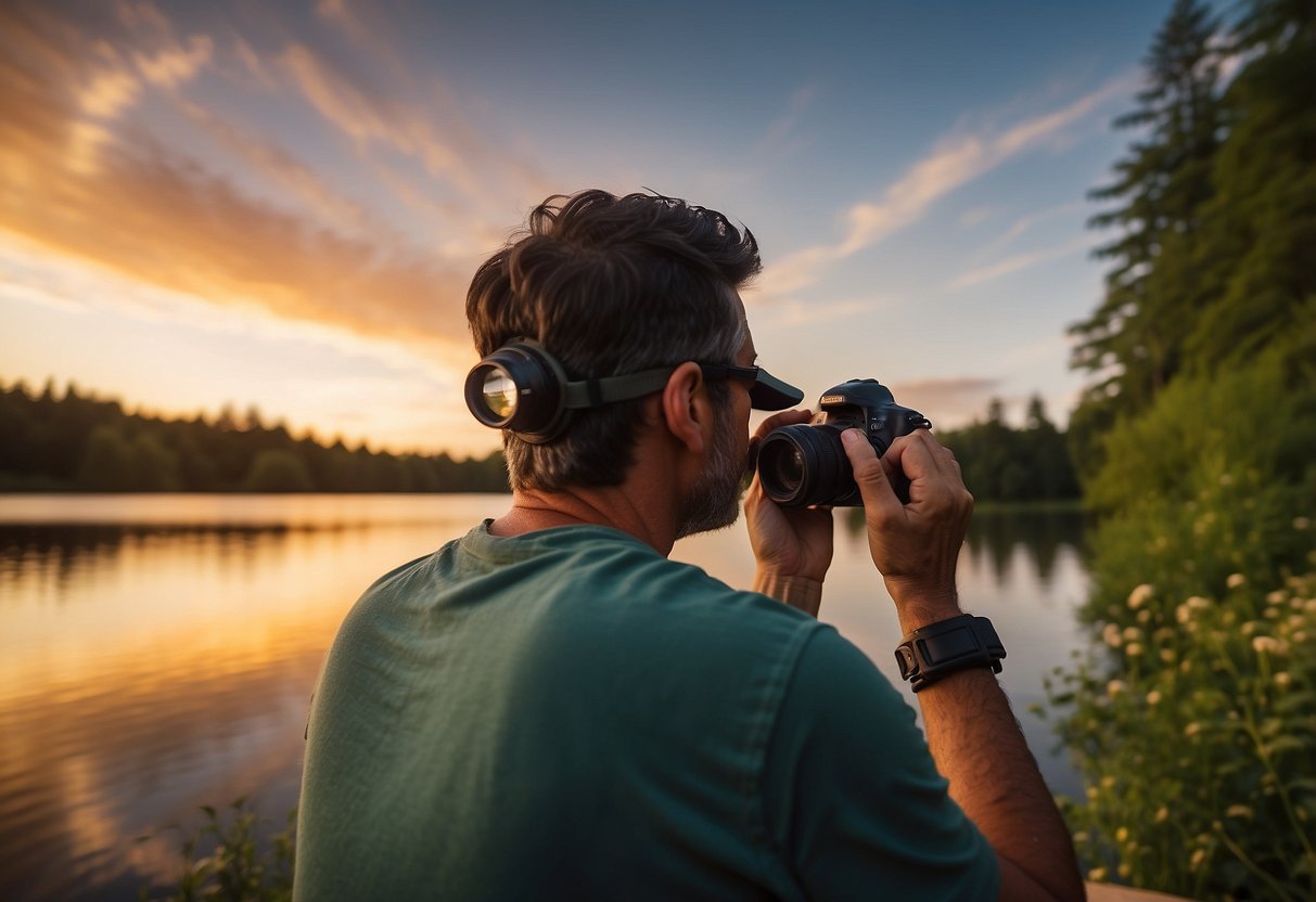 A photographer wearing a lightweight headlamp, capturing the vibrant colors of a sunset over a tranquil lake, surrounded by lush greenery and wildlife