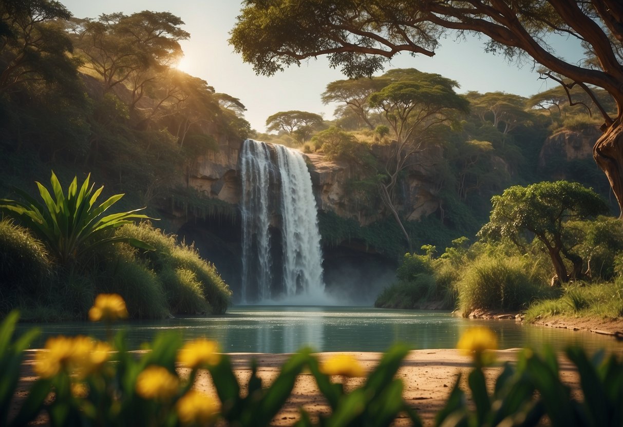 A vast savanna stretches out, dotted with acacia trees and grazing wildlife. A majestic waterfall cascades down into a crystal-clear pool, surrounded by lush greenery and vibrant flowers