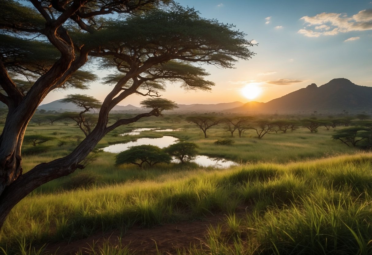 Lush savanna with grazing wildlife, majestic waterfalls, vibrant sunsets over vast plains, dense jungles teeming with life, and serene lakes reflecting towering mountains