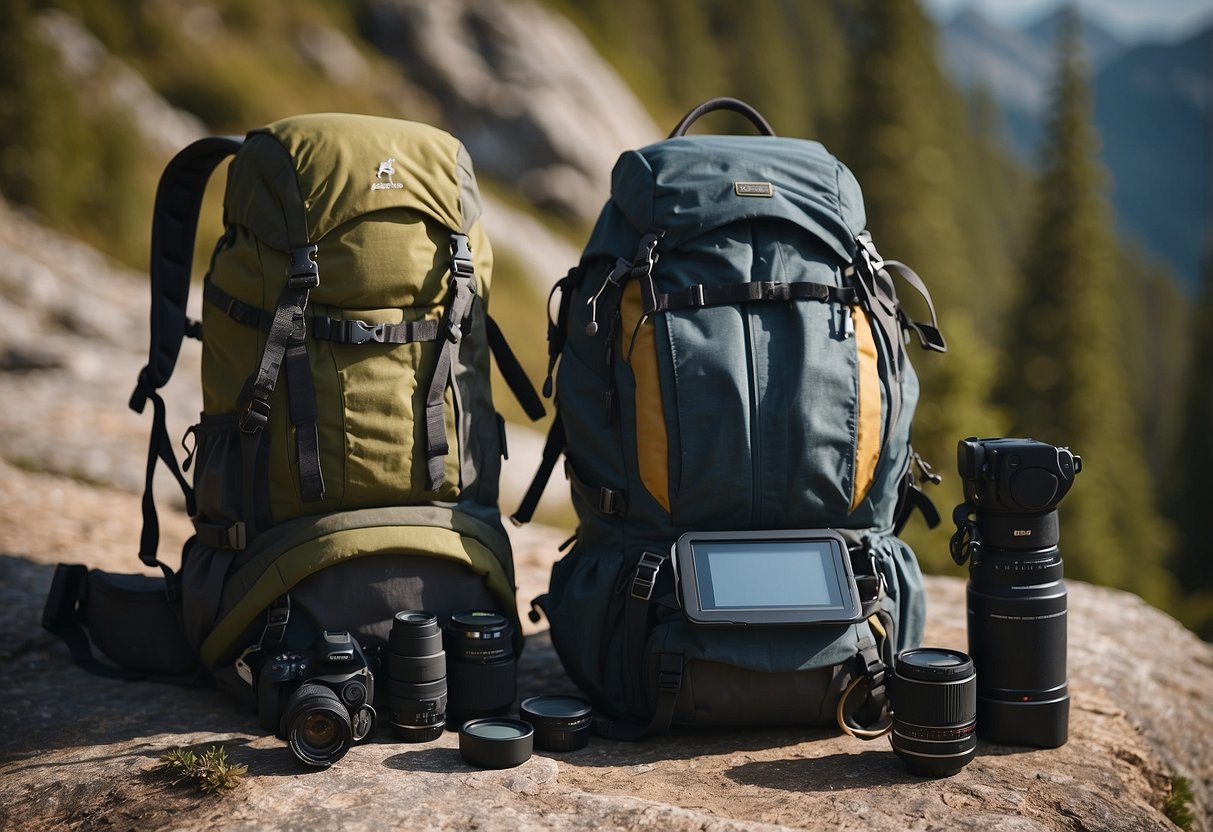 A backpack with camera gear, a lightweight tripod, compact lenses, and a portable solar charger on a mountain trail