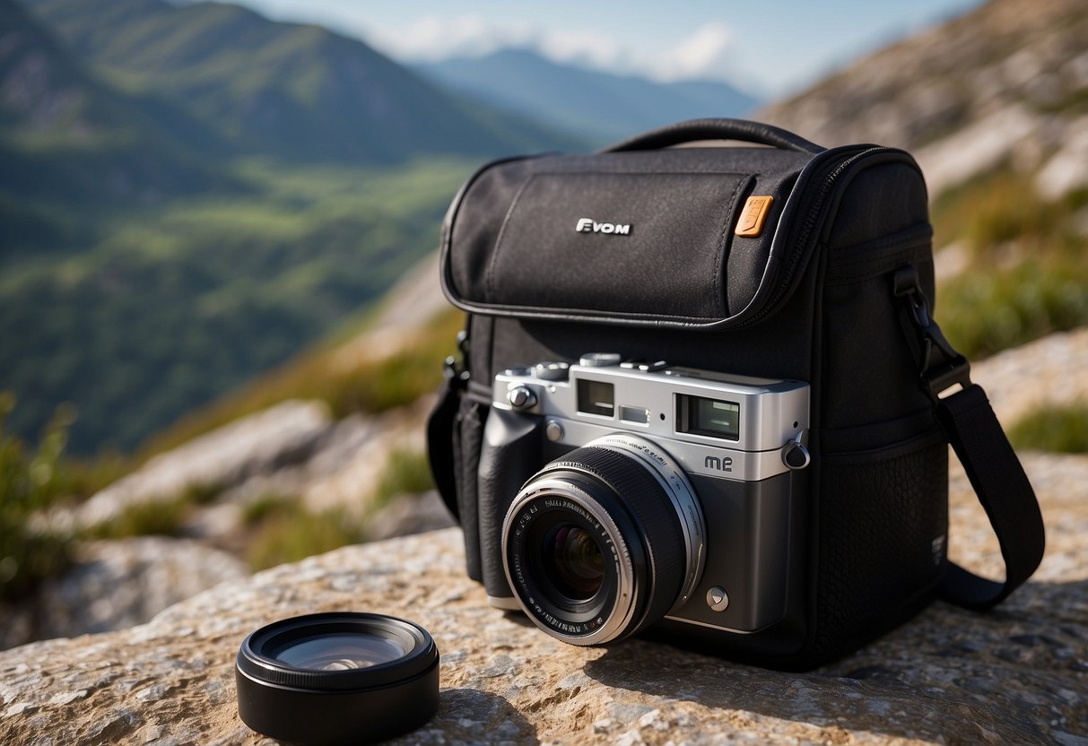 A compact camera bag sits on a rocky surface, surrounded by photography gear. The bag is open, revealing neatly organized compartments. The backdrop features a scenic landscape, hinting at an upcoming photography trip