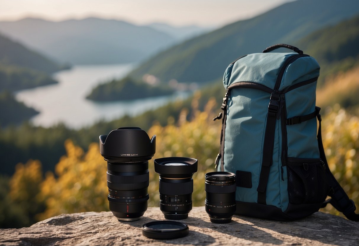 A camera bag with only necessary filters, surrounded by lightweight photography gear and a scenic backdrop