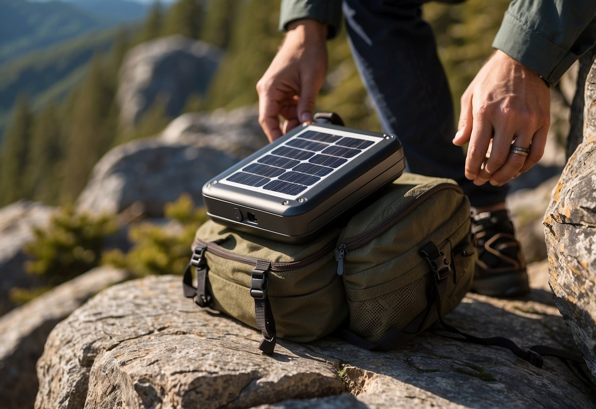 A hiker sets up a portable solar charger on a rocky ledge, with a camera and backpack nearby. Sunlight streams through the trees, casting dappled shadows on the ground