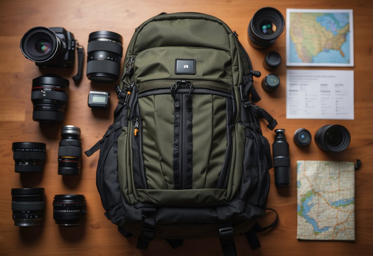 A backpack with camera gear, tripod, and lenses laid out on a table. A checklist of lightweight equipment and a map are nearby