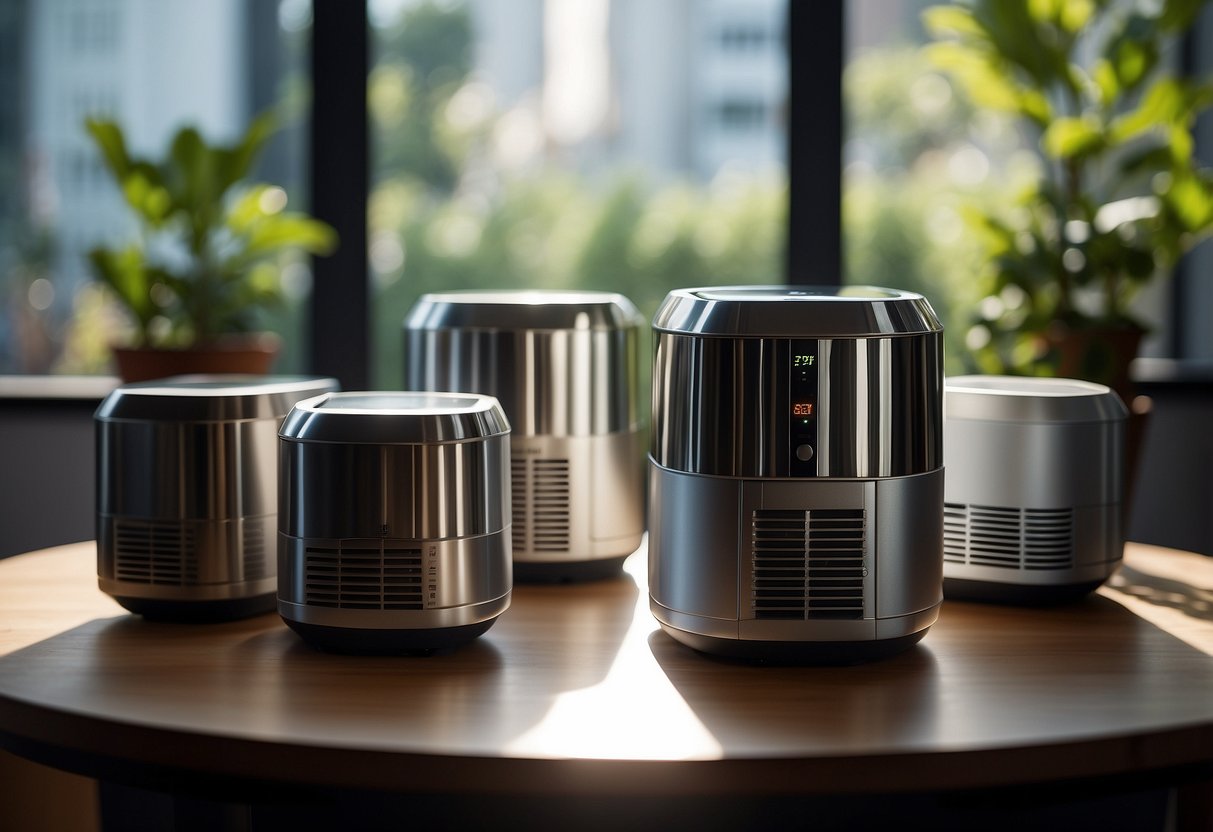 A table with five different photography coolers, each showcasing unique features and designs. Light filters through the windows, casting shadows and highlights on the coolers