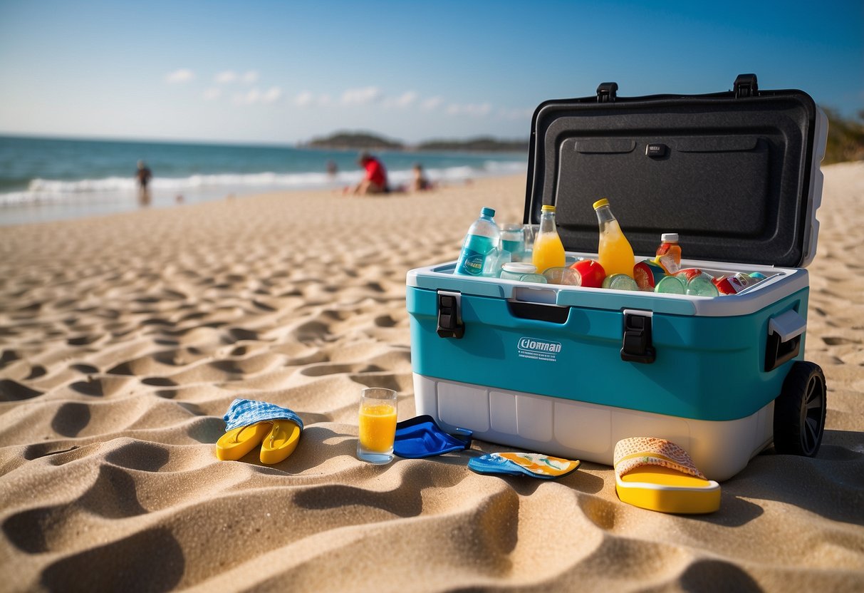 The Coleman Xtreme Wheeled Cooler sits on a sandy beach, surrounded by colorful beach towels and a pair of flip-flops. The sun shines down on the cooler, highlighting its durable wheels and spacious interior