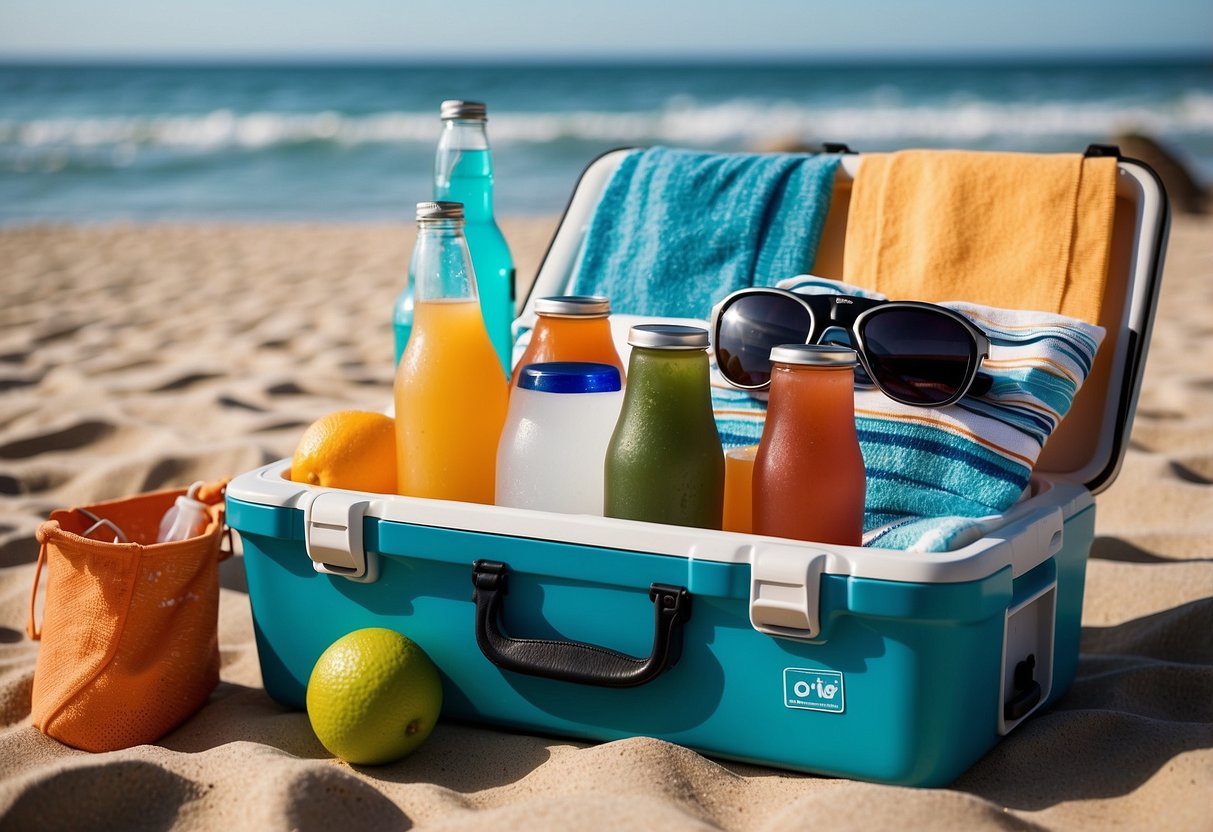 A bright, sunny beach scene with a RTIC Ultra-Light Cooler surrounded by colorful beach towels, sunglasses, and drinks. The cooler is open, showcasing its spacious interior