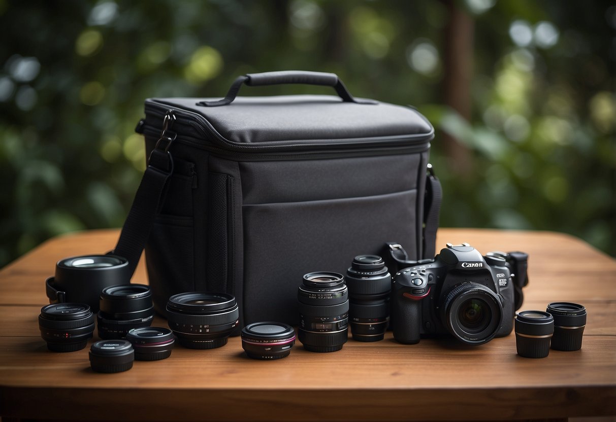 A photography cooler sits on a table, filled with camera equipment and accessories. The cooler is insulated and has a secure lid, perfect for keeping delicate photography gear safe and protected while on the go