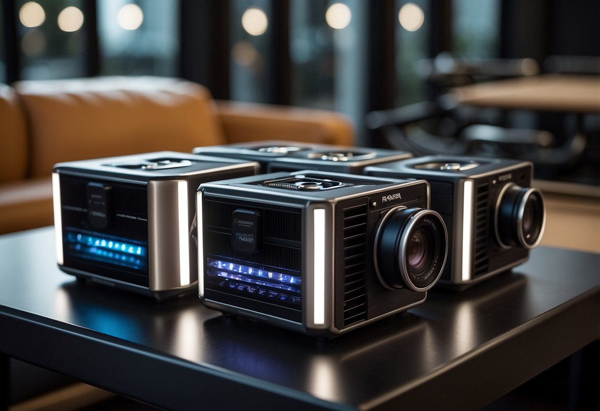 A table with 5 different photography coolers arranged neatly, each showcasing unique features and designs