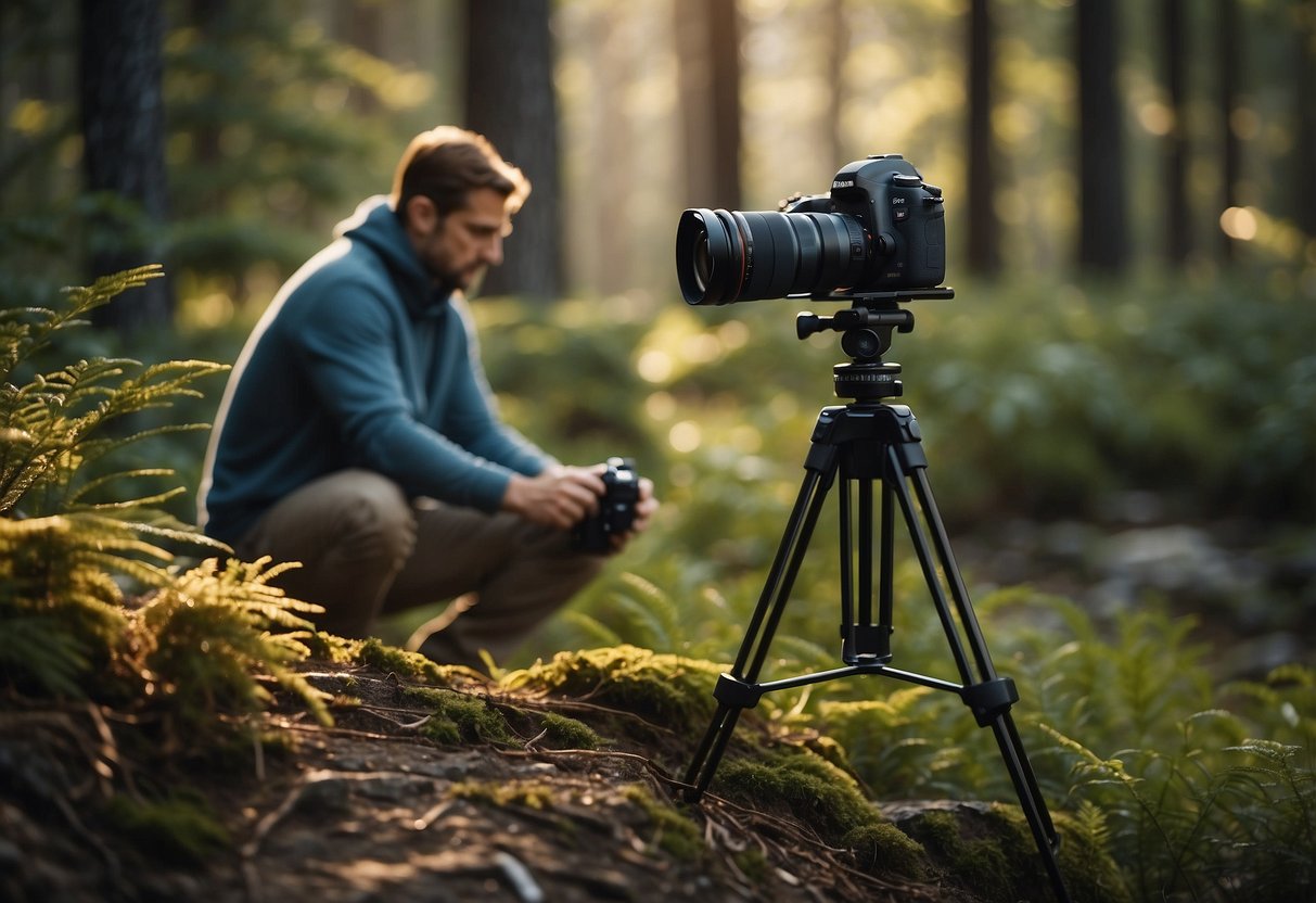 A photographer packs gear, studies maps, sets up tripods, practices framing, and tests camera settings in various landscapes