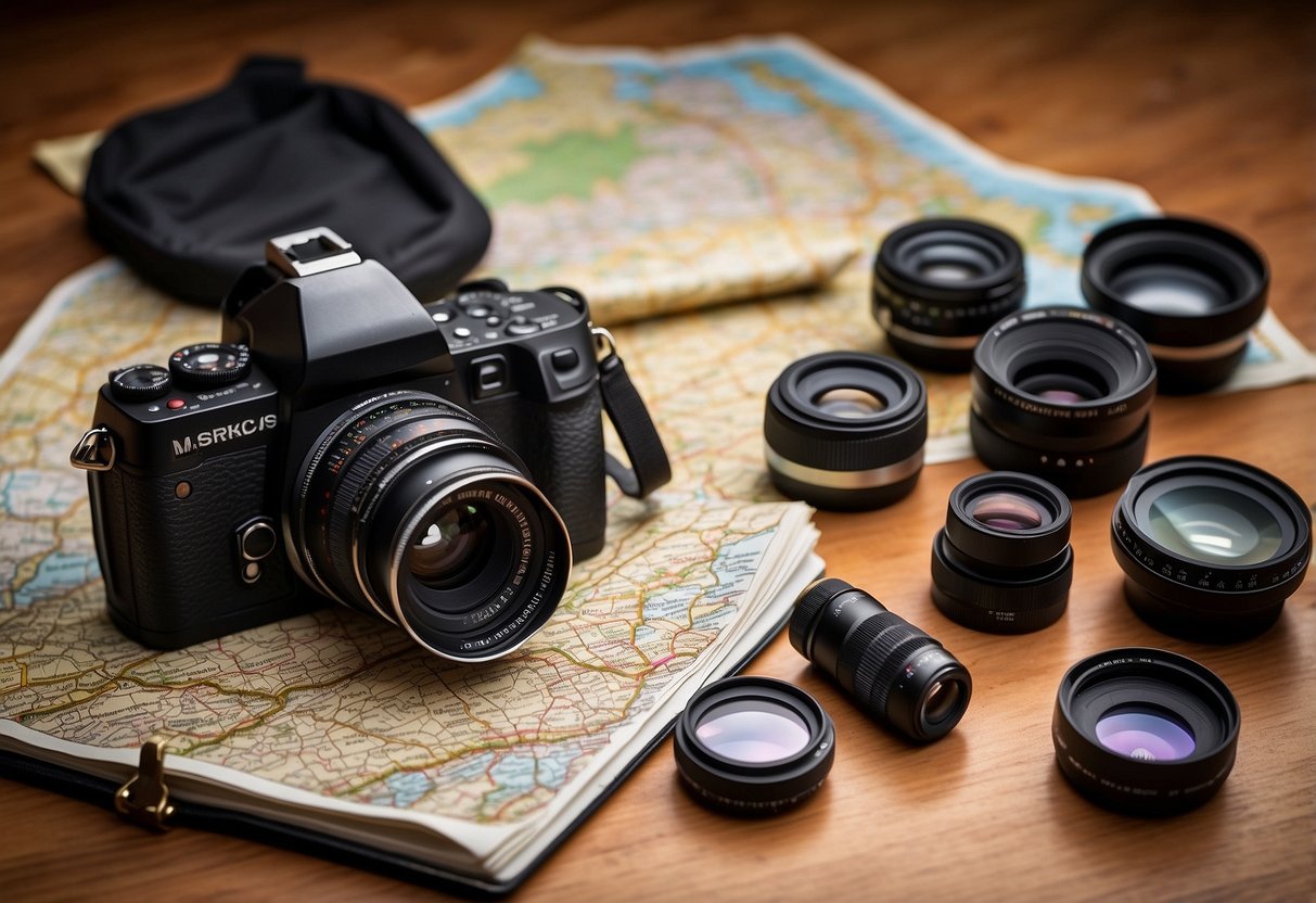 A photographer's gear laid out on a map with a compass, camera, lenses, and a notebook with "10 Tips for Training for a Photography Trip" written on it