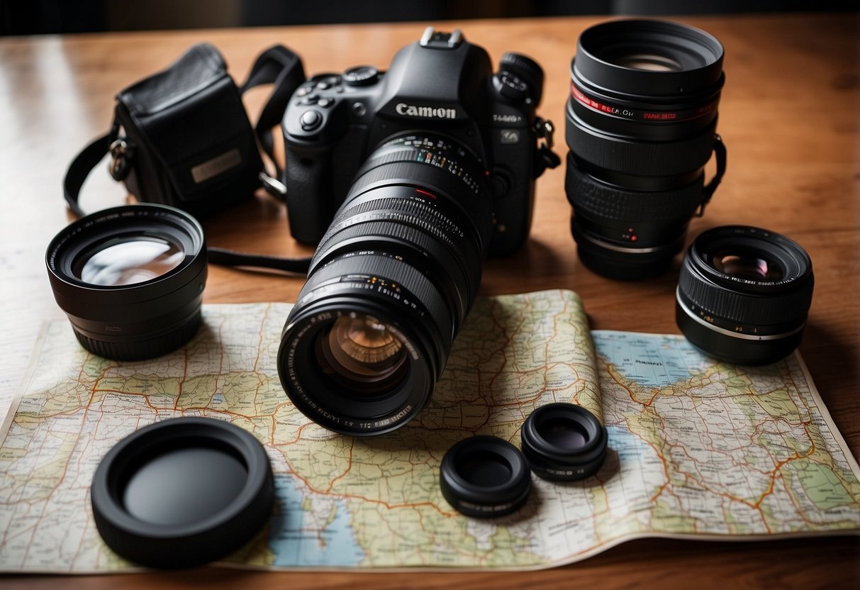 A photographer's gear laid out on a table with a map, camera, lenses, and a notebook with "Research Photo Spots 10 Tips for Training for a Photography Trip" written on it