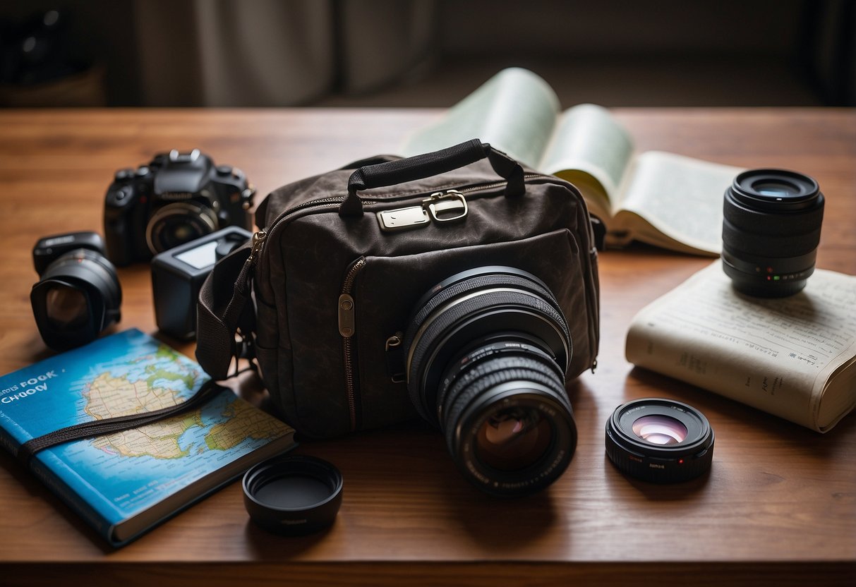 A camera bag open on a table, with lenses, a tripod, and a notebook spilling out. A map and guidebook are nearby, along with a pair of hiking boots