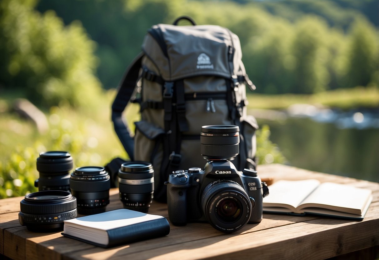 A camera on a tripod, surrounded by various lenses, a notebook, and a map. A backpack with photography gear and a water bottle nearby. Sunshine and nature in the background