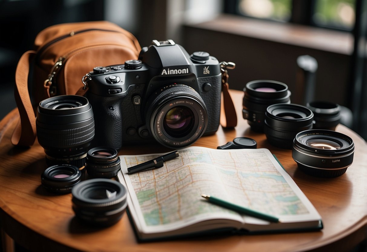 Camera, lenses, and tripods laid out on a table. Backpack open with accessories organized. Maps and guidebooks spread out for planning. Checklist and notebook ready for jotting down ideas