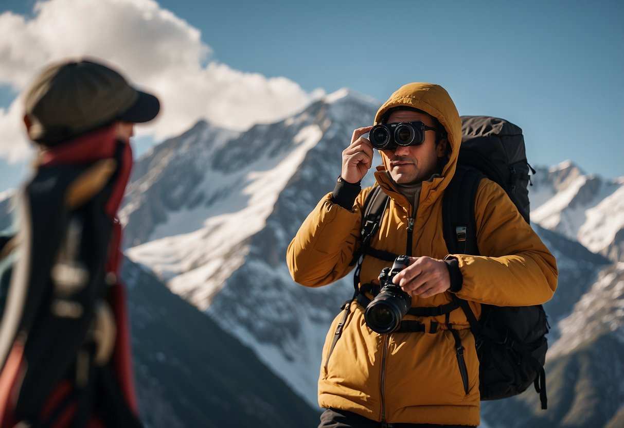 A photographer surrounded by towering mountains, feeling dizzy and short of breath. They hold their camera, trying to steady their hands as they struggle with altitude sickness