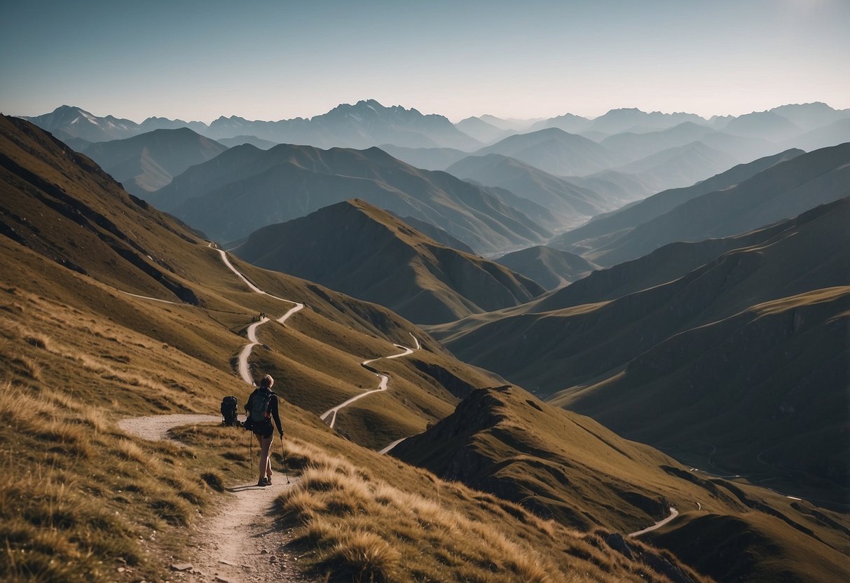 A mountainous landscape with a winding trail leading to a high altitude. A photographer adjusting to the thin air while capturing the scenic views