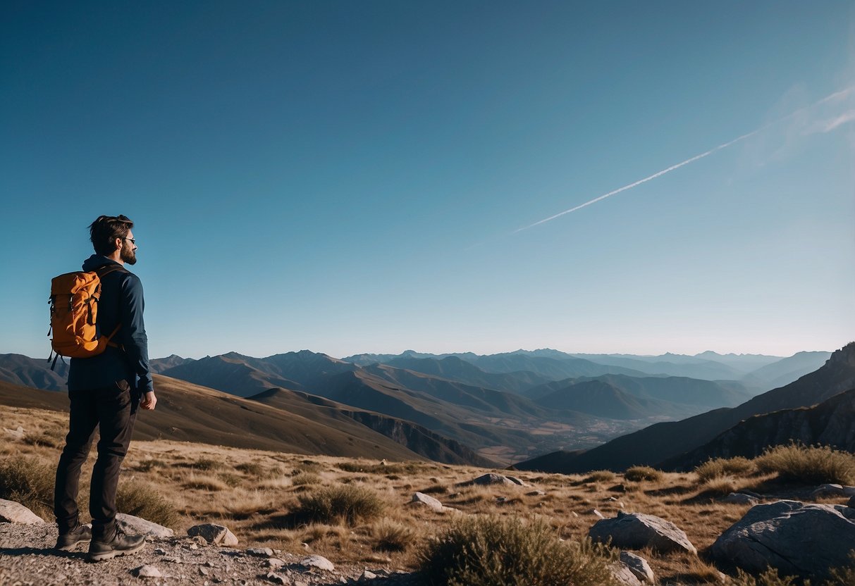 A mountain landscape with a clear blue sky, a photographer with a camera, and a water bottle nearby. The photographer looks fatigued but determined to capture the stunning view