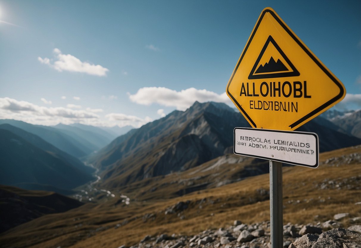 A mountainous landscape with a clear warning sign about alcohol. A photographer with altitude sickness struggles while taking photos