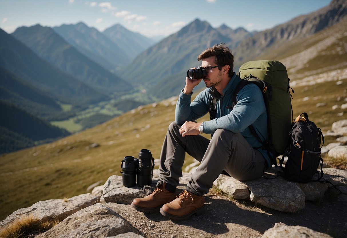 A photographer rests in a mountainous landscape, surrounded by camera gear. They drink water and take deep breaths to combat altitude sickness