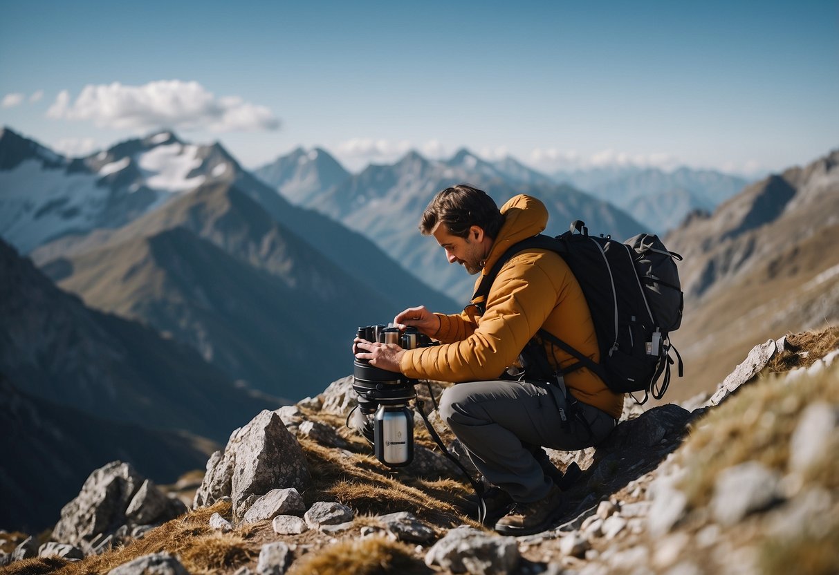 A mountain landscape with a photographer adjusting an oxygen monitor, surrounded by high altitude terrain and a clear blue sky